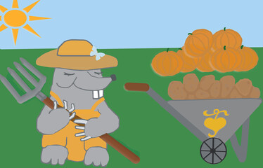 3 D - rendering. A funny mole in a hat and overalls is holding a garden pitchfork. Nearby there is a wheelbarrow with potatoes and pumpkins..
