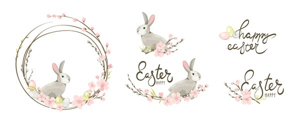 Frames for Easter holidays. Rabbit, Willow, Cherry blossom and eggs. Set vector design elements on the theme of flowering and spring.	