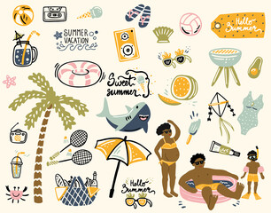 Summer design elements and a set of props for a photo studio. palm tree, ice cream, inflatable shark circle, glasses, negroes, children's pool. cartoon. hand drawing. vector illustration, boho