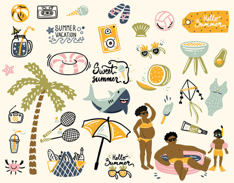 Summer design elements and a set of props for a photo studio. palm tree, ice cream, inflatable shark circle, glasses, negroes, children's pool. cartoon. hand drawing. vector illustration, boho