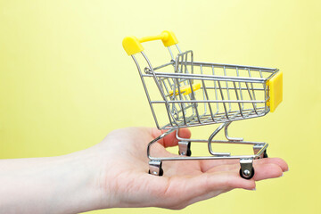 Fototapeta premium The shopping cart in female hand on yellow background