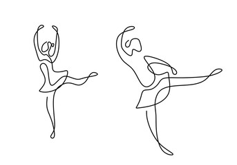Continuous line drawing of two woman ballet dancer. Two young beautiful professional lady dancer practice ballet together to perform in minimalist design. Dance sport concept. Vector illustration