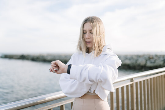 Woman checking her fitness tracker