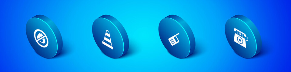 Set Isometric No fire, Walkie talkie, Telephone call 911 and Traffic cone icon. Vector