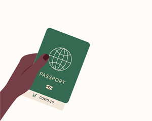 Black skin tourist hand holding Covid-19 passport, vaccinated, negative result, vaccination certificate. Vector illustration flat style.