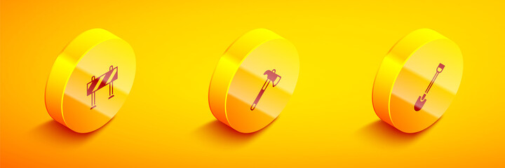 Set Isometric Road barrier, Firefighter axe and shovel icon. Vector