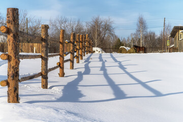 Rustic log fence with shadow on white snow on a frosty sunny day. A horse grazes in the distance and eats hay. Blue sky with white clouds. Pure deep snow. (Ural, Russia)
