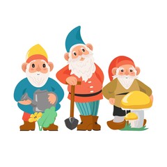 Gnome with beard for garden decoration, cartoon funny, cute characters. Vector