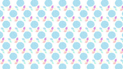 水色の紫陽花とピンク・黄・青・緑・紫色の小花のパターン｜Light blue hydrangea and pink / yellow / blue / green / purple florets pattern