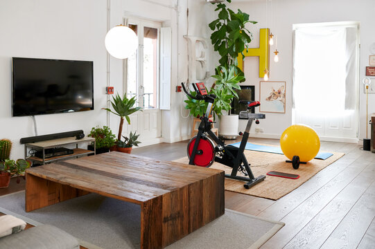 Workout equipment in a living room