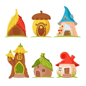 Cartoon gnome houses set on white. Fantasy fairy tale illustrations. Magic home. Vector