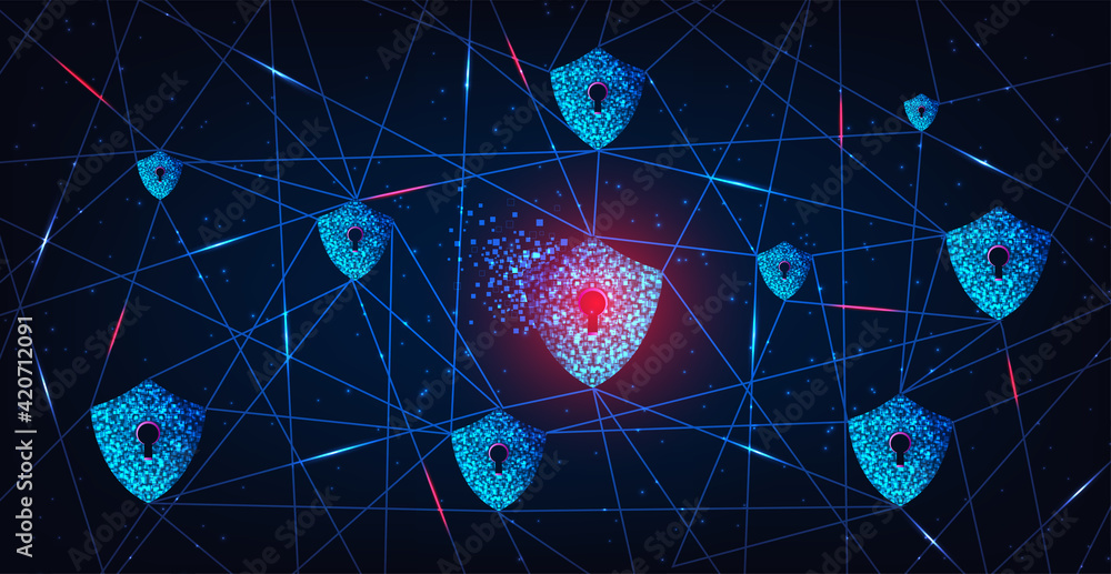 Poster internet attack design concept.the shield symbol was destroyed. notification about threat of interne