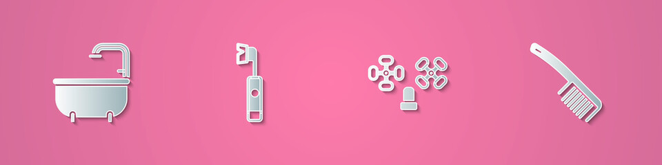 Set paper cut Bathtub, Electric toothbrush, Water tap and Hairbrush icon. Paper art style. Vector