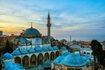 View of the mosque and city streets from above in the early morning. Turkey. Istanbul.
