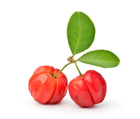 Two Juicy red Acerola cherry fruits  with green leaf isolated on white background.