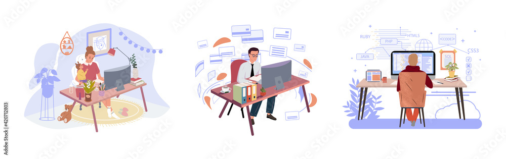 Fototapete creative worker using computer at home office flat vector illustration. man and woman working at des