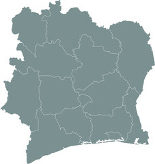 Fototapeta premium Gray vector map of the Republic of Ivory Coast (Côte d'Ivoire) with white borders of its districts