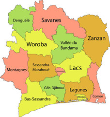 Pastel vector map of the Republic of Ivory Coast (Côte d'Ivoire) with black borders and names of its districts