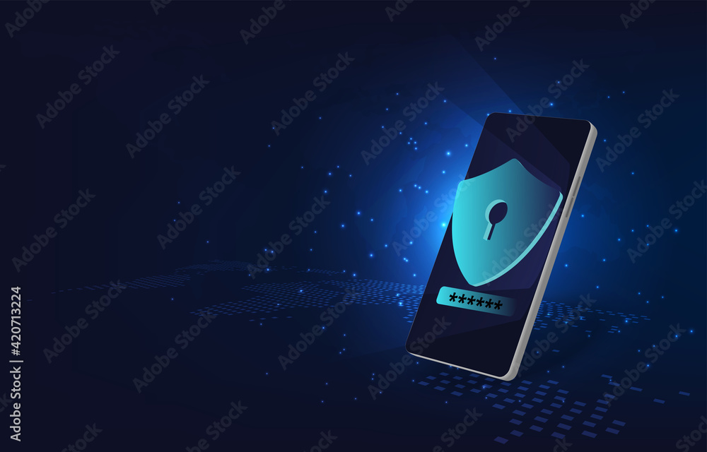 Fototapete mobile data security concept.smartphone and shield on screen with data protection element.protection