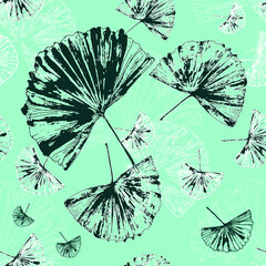 Vector vintage seamless pattern with ginkgo biloba leaf. Vector retro floral pattern with black and white  ginkgo biloba leaves