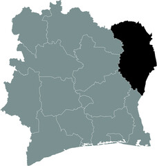 Fototapeta premium Black highlighted location map of the Ivorian Zanzan district inside gray map of the Republic of Ivory Coast (Côte d'Ivoire)