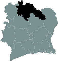 Black highlighted location map of the Ivorian Savanes district inside gray map of the Republic of Ivory Coast (Côte d'Ivoire)