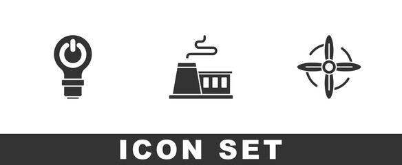 Set Light bulb with lightning, Factory and Wind turbine icon. Vector