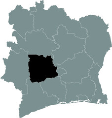 Black highlighted location map of the Ivorian Sassandra-Marahoué district inside gray map of the Republic of Ivory Coast (Côte d'Ivoire)