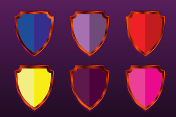 A set of colored shields with wooden frames. Vector design elements for games.