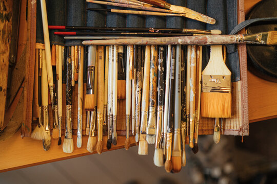 Set of various paintbrushes in bag