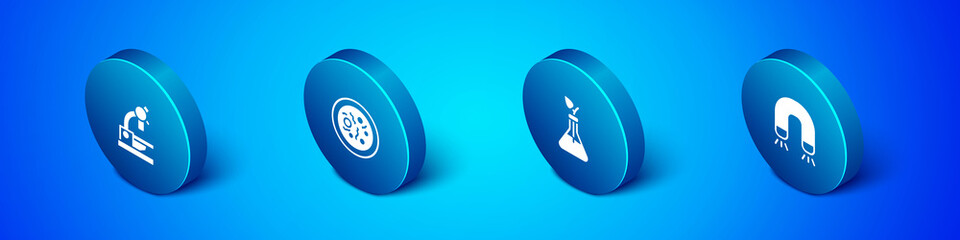 Set Isometric Microscope, Plant breeding, Magnet and Petri dish with bacteria icon. Vector