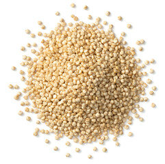 small pile of raw white quinoa, isolated on pure white background, over head view.