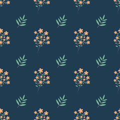 Seamless pattern with orange flowers and green on a dark blue background. Summer, minimalistic pattern with flowers. Pattern for wrapping paper, stationery, textiles, backgrounds, websites.