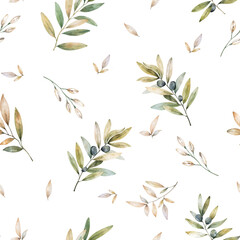 Watercolor olive seamless pattern. Hand drawn natural illustration. Green leaves on white background