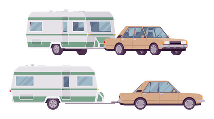 Camper trailer brown car with covered wagon, family camping trip. Vehicle, transport and sleeping accommodation, traveling motor home. Vector flat style cartoon illustration isolated, white background