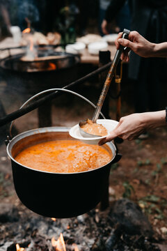 Having soup in the outdoors