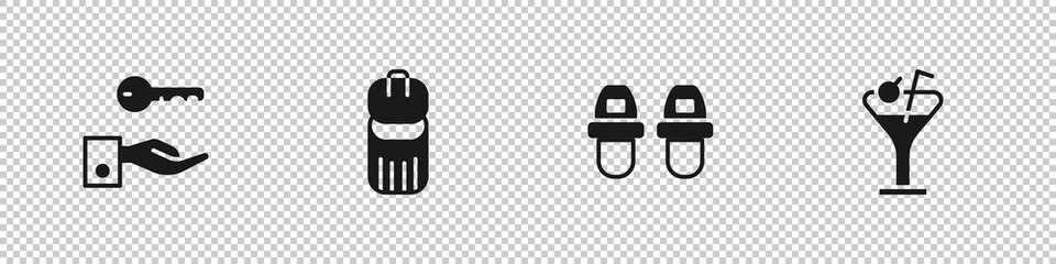 Set Hotel door lock key, Trash can, slippers and Martini glass icon. Vector