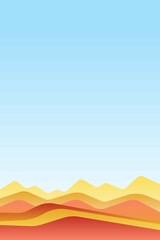 Fototapeta na wymiar Landscape with waves. Blue sun set sky. Yellow, orange, pink and red mountains silhouette. Sandy desert dunes. Nature and ecology. Vertical orientation. For social media, post cards and posters