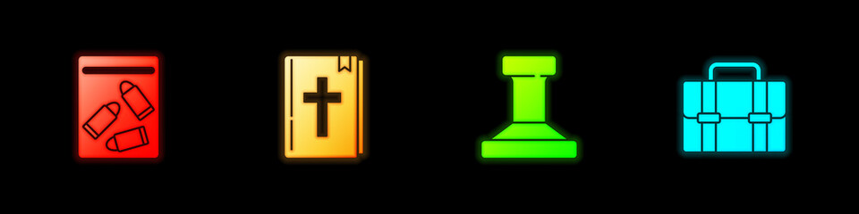 Set Evidence bag and bullet, Holy bible book, Stamp and Briefcase icon. Vector
