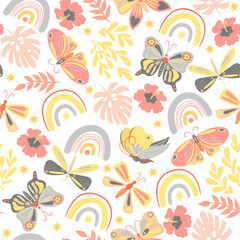 Seamless pattern of butterflies and rainbows in boho style. Vector graphics. Vector graphics.