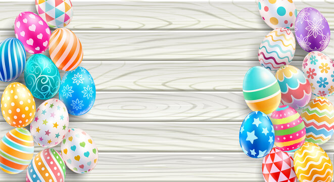 Happy Easter day easter eggs on white wood color background. Vector illustrations.