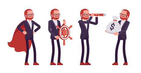 Businessman, red haired office worker with spy glass, navigation wheel. Manager in smart formal wear, administrative person. Vector flat style cartoon illustration isolated on white background