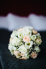 Wedding beautiful bouquet of fresh and natural flowers, morning of the bride