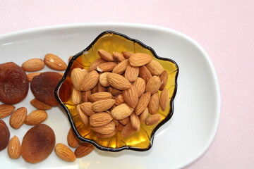 Natural dry fruits , almonds and apricots, top view