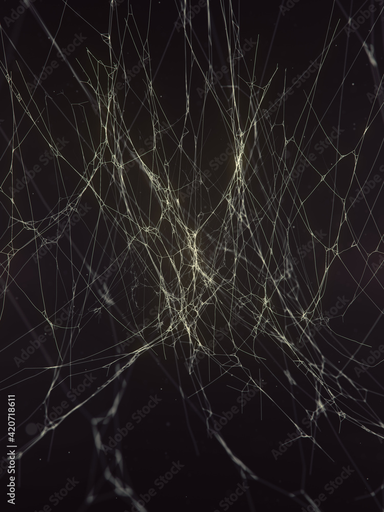 Poster cobweb surrounded by flying particles. abstract mystic foggy backdrop. 3d rendering illustration