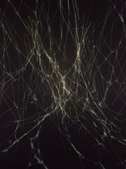 Cobweb surrounded by flying particles. Abstract mystic foggy backdrop. 3d rendering illustration