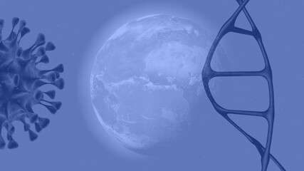 DNA and virus cell on the background of planet Earth. A macro molecule that stores the genetic program.