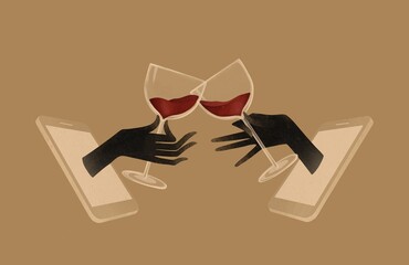 Virtual holiday party. Celebration with wine toast