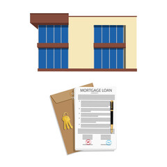 Mortgage loan application, contract with house key and house, home. Vector illustration