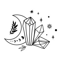 Crystal moon tattoo drawing. Cute magic celestial crystals, stars leaves. Mystical moon phase graphic element.